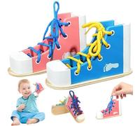 Práctica de atado de zapatos de 2 piezas para niños, práctica de atado de zapatillas de zapatillas con cordones de madera Aprenda a unir los zapatos de juguetes educativos Montessori para niños
