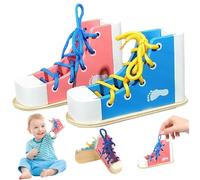 Práctica de atado de zapatos para niños, 2 piezas de práctica de atado de zapatos para niños, cordones de madera para atar zapatillas, aprender a atar, juguetes educativos Montessori, aprende
