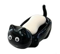 Práctica jabonera con forma de gato con base perforada para evacuación de agua para encimera de baño o estante (negro)