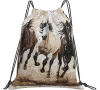 Práctica Mochila con cordón Impresión artística de Caballos Corriendo Resistente Mochila Deportiva 36x42cm para Piscina,Viajes