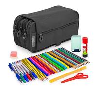 PracticDomus ColePack - Estuche Escolar 3 Compartimentos, Portatodo Triple con Material de Primeras Marcas Incluido (Triple Negro)
