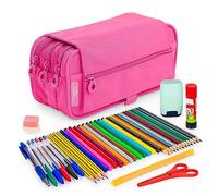 PracticDomus ColePack - Estuche Escolar 3 Compartimentos, Portatodo Triple con Material de Primeras Marcas Incluido (Triple Fucsia)