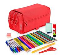 PracticDomus ColePack - Estuche Escolar 3 Compartimentos, Portatodo Triple con Material de Primeras Marcas Incluido (Rojo Coral)