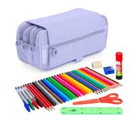 PracticDomus ColePack - Estuche Escolar 3 Compartimentos, Portatodo Triple con Material de Primeras Marcas Incluido (Eco Violeta)