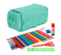 PracticDomus ColePack - Estuche Escolar 3 Compartimentos, Portatodo Triple con Material de Primeras Marcas Incluido (Eco Turquesa)