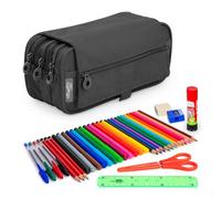 PracticDomus ColePack - Estuche Escolar 3 Compartimentos, Portatodo Triple con Material de Primeras Marcas Incluido (Eco Negro)