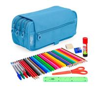 PracticDomus ColePack - Estuche Escolar 3 Compartimentos, Portatodo Triple con Material de Primeras Marcas Incluido (Eco Azul C.)