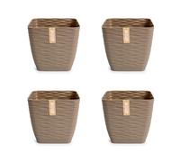 PracticDomus Lote de 4 Macetas Decorativas Cuadradas Wind con Platos Integrados (13 cm, Taupe)