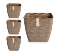 PracticDomus Lote de 4 Macetas Decorativas Cuadradas Wind con Platos Integrados (19 cm, Taupe)