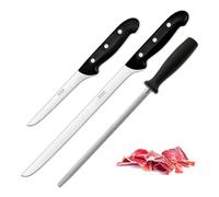 PracticDomus Set de Cuchillos para Corte de Jamón Maitre con Cuchillo Jamonero, Chaira y Deshuesador (Maitre)