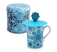 PracticDomus Taza para Infusiones 300 ml con Filtro y Tapa de Silicona en Lata Metálica (Arabesque)
