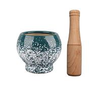 Práctico Cuenco de mortero cerámica verde con madera, acabado decorativo puntos blancos, juego y porcelana, triturador pastillas, molinillo especias, cuenco hierbas, pesto en polvo for cocina
