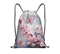 Práctico Mochila de Cuerda Arte Rosa Mariposa Flores de Cerezo Floral Bolsa de Deporte Ligero Bolsa con Cordón para Nadar Playa Acampada 36X42cm