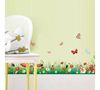 Prado de Hierba Verde Vinilos Decorativos con Coloridas Flores y Mariposas Calcomanía de Pared de Vinilo Extraíble DIY Mural Decorativo Multicolor para Sala de Estar, Dormitorio de Los Niños, Zócalo