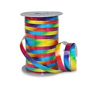 PRÄSENT POLY RAINBOW Cinta arco iris, cinta embalar, para envolver y decorar regalos y manualidades, 10 mm de ancho, cinta decorativa en los colores del arco iris, fácil de engarzar, 200 m