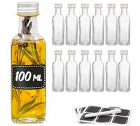 Praknu 12 Botellas Cristal 100ml con Tapón Rosca Hermético - Con 12 Etiquetas y Rotulador - Botella Vidrio para Licores Caseros, Aceite & Cerveza Artesanal