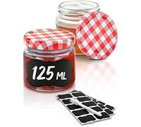 Praknu 25 Tarros de Cristal 125 ml - Tapa Cuadros Rojos - Tarros Conservas | Tapas de rosca metálicas herméticas, veinticinco unidades, 25 etiquetas negras & rotulador blanco, para pesto, miel & yogur