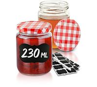 Praknu 25 Tarros de Cristal 230 ml - Tapa Cuadros Rojos - Botes Conservas | Tapas de rosca metálicas herméticas, 25 etiquetas negras & rotulador blanco, para especias, pesto & salsas, para regalar