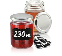 Praknu 25 Tarros de Cristal 230 ml - Tapa de Rosca - Botes para Mermelada | Tapas de rosca metálicas herméticas, aptos para lavavajillas, para regalar en casa, 25 etiquetas negras & rotulador blanco