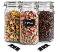 Praknu 3 Tarros de Cristal Herméticos 2 L - Cierre de Clip - Botes Cocina | Vidrio grueso a prueba de aromas, acero inoxidable, forma rectangular ahorra sitio, etiquetas, rotulador & juntas, encurtidos