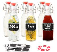 Praknu 6 Botellas Cristal 250ml con Tapón Hermético - con 12 Etiquetas y Rotulador - Botella Vidrio para Licores Caseros, Aceite, Cerveza Artesanal, Vinagre, Vino y Bebidas