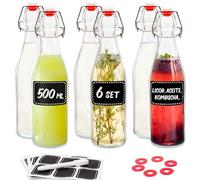 Praknu 6 Botellas Cristal 500ml con Tapón Hermético - con 12 Etiquetas y Rotulador - Botella Vidrio para Licores Caseros, Aceite & Cerveza Artesanal