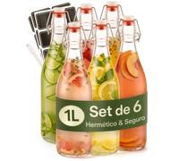 Praknu 6 Botellas de Cristal 1 Litro - Tapón Abatible - Botella Agua Vacía | Tapón mecánico con junta, seis unidades de 1000 ml, 6 juntas, 12 etiquetas & marcador, para licor, aceite, vinagre & kombucha