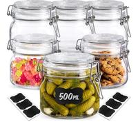 Praknu 6 Tarros de Cristal Herméticos 500 ml - Botes con Cierre de Clip | Vidrio grueso a prueba de aromas, acero inoxidable, seis unidades de 500 ml, etiquetas, rotulador & juntas, sin plástico