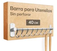 Praknu Barra para Utensilios de Cocina con 8 Ganchos - Adhesiva - Instalación sin Taladro - 40 cm - Colgador de Utensilios de Cocina en Aluminio