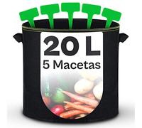 Praknu Bolsa de Cultivo para Plantas 20L - 5 Bolsas para Plantar de Tela no Tejida con Etiquetas - con Asa - Maceta Geotextil para Hierbas, Flores, Fresa