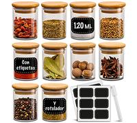Praknu Botes Especias Cristal 120 ml - 10 Tarros Especias de Cristal con Tapa - Rotulador & Etiquetas - Herméticas - Aptos para Lavavajillas - Organizador para Cocina - Hierbas & Té