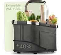 Praknu Cesta de La Compra Plegable Grande - 2 en 1 Expandible de 25L a 35L - Tejido Lavable - Estable con Marco de Aluminio y Base Reforzada - Bolsillos Extra Interiores y Exteriores - Negro