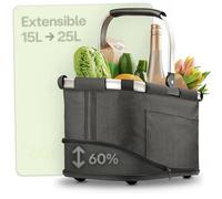 Praknu Cesta de La Compra Plegable Pequeño - 2 en 1 Expandible de 15L a 25L - Tejido Lavable - Estable con Marco de Aluminio y Base Reforzada - Bolsillos Extra Interiores y Exteriores - Negro
