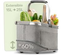 Praknu Cesta de La Compra Plegable Pequeño - 2 en 1 Expandible de 15L a 25L - Tejido Lavable - Estable con Marco de Aluminio y Base Reforzada - Bolsillos Extra Interiores y Exteriores (Gris, Pequeño)