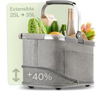 Praknu Cesta de La Compra Plegable Pequeño - 2 en 1 Expandible de 25L a 35L - Tejido Lavable - Estable con Marco de Aluminio y Base Reforzada - Bolsillos Extra Interiores y Exteriores (Gris, Grande)