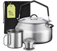 Praknu Hervidor de Camping 1L Acero Inox - Set con Taza, Filtro de Té & Bolsa - Tetera para Camping con Mango de Silicona - Para Gas, Leña & Fuego - Apilable & Lavavajillas