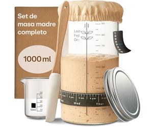 Praknu Kit de iniciación de Masa Madre de Vidrio (1000ml) Set Completo con guía para Principiantes & panadería en casa