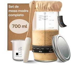 Praknu Kit de iniciación de Masa Madre de Vidrio (700ml) Set Completo con guía para Principiantes & panadería en casa