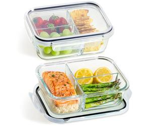 Praknu Meal Prep Cristal con 3 Compartimentos - 2 Tuppers Cristal Hermeticos de 1L - Fiambrera Compartimentos - Para Congelar, Microondas, Horno