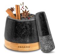 Praknu Mortero Cocina Granito Pequeño 10 cm - Mortero Piedra y Maja 120 ml | Muele especias frescas al momento, para pimienta, comino y chile, interior rugoso, piedra sin olores, posavasos FSC N004317