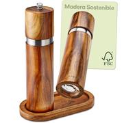 Praknu Set Molinillos Sal & Pimienta de Acacia 21,5 cm - Salero & Pimentero | Mecanismo de cerámica ajustable, madera maciza certificada FSC, sin plástico, bandeja protectora incluida, regalo de cocina
