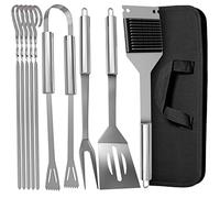 Praknu Set Utensilios Barbacoa 9 Piezas - Acero Inoxidable - Kit Parrilla | Resiste altas temperaturas, Pinzas, Espátula, Tenedor, Cepillo & 5 Pinchos, maletín de transporte incluido, camping & jardín