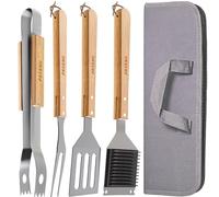 Praknu Utensilios Barbacoa 4 Piezas - Kit BBQ con Bolsa - Acero & Madera | Mangos extralargos de 38 cm, resistente a las brasas, espátula, tenedor, cepillo & pinzas, kit regalo hombre, para exteriores