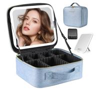 PRALENA Bolsa de maquillaje portátil de viaje con espejo y luz, 3 colores, brillo ajustable, espacioso organizador de cosméticos, color azul brillante de sirena, Azul/claro, Moderno