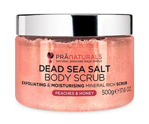PraNaturals Exfoliante Corporal de Sal del Mar Muerto 500g Body Scrub de Sales para Nutrir la Piel, Rico en Minerales Naturales para Todo Tipo de Piel (Melocotón y Miel)