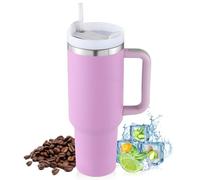 PRAOAHEI Taza térmica de 40 oz con pajita y asa, 1180 ml de doble pared de acero inoxidable para bebidas frías calientes, vasos de vacío, taza de café para el hogar, viajes, color morado