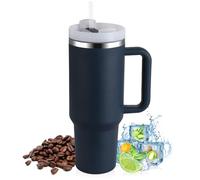PRAOAHEI Taza térmica de 40 oz con pajita y asa, 1180 ml de doble pared de acero inoxidable para bebidas frías calientes, vasos de vacío, taza de café para el hogar, viajes, azul marino