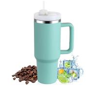 PRAOAHEI Taza térmica de 40 oz con pajita y asa, 1180 ml, doble pared, acero inoxidable, bebidas frías calientes, vasos de vacío, taza de café para el hogar, viajes, verde menta