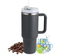 PRAOAHEI Taza térmica de 40 oz con pajita y asa, acero inoxidable de doble pared mejorada, bebidas frías calientes, vaso de vacío, taza de café para el hogar, viajes, gris oscuro