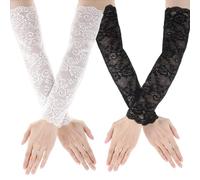 Prasacco 2 Pares De Guantes De Encaje Negros Y Blancos Sin Dedos Para Mujer, Esclavinas Largas Con Motivo Floral, Protección UV, Talla 45 X 10 Cm